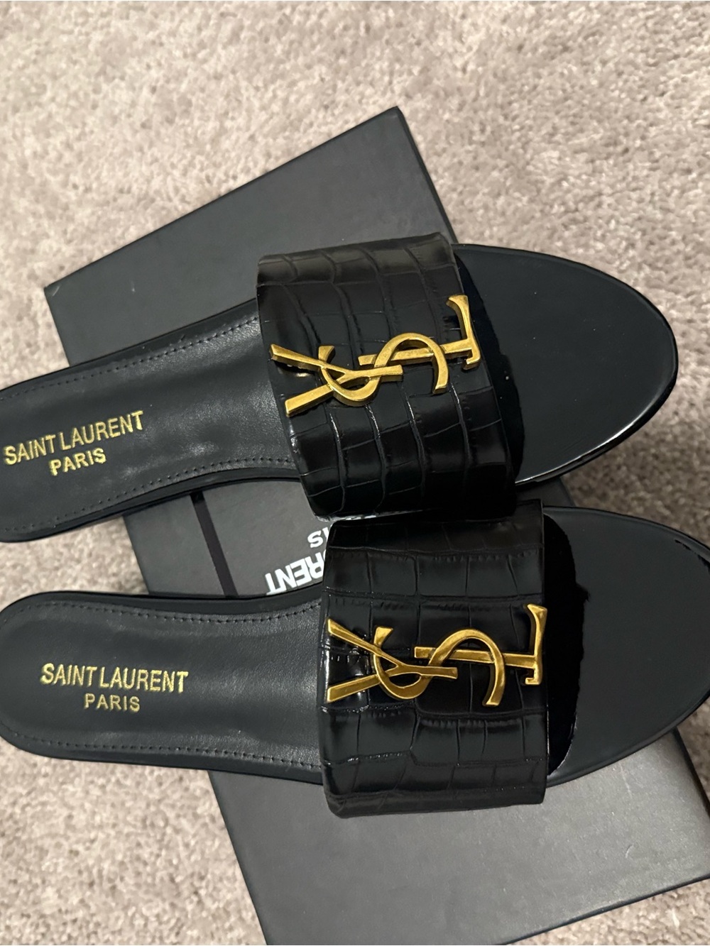 Saint Laurent Black Croc-Embossed Patent Slide Sandals with Gold YSL Hardware - Picture 2 of 4